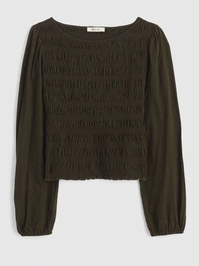 Smocked boatneck top- midnight olive